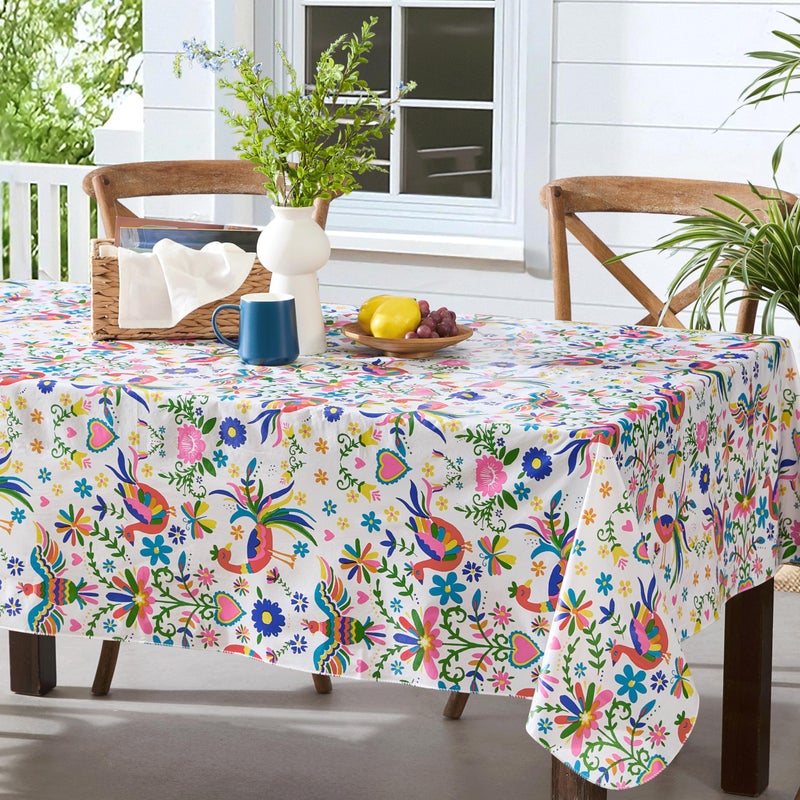 Newbridge Spring and Easter Spring Holiday Otomi Folk Art Vinyl Tablecloth, 60 x 102 Inch Rectangle, Colorful Birds, Hearts and Flowers Print, Flannel Backed Wipe Clean Table Cover for Dining - Image 5